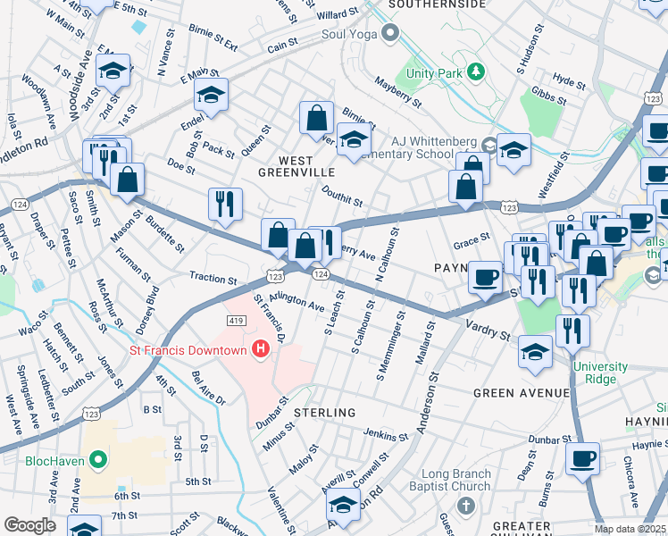 map of restaurants, bars, coffee shops, grocery stores, and more near 900 South Carolina 124 in Greenville