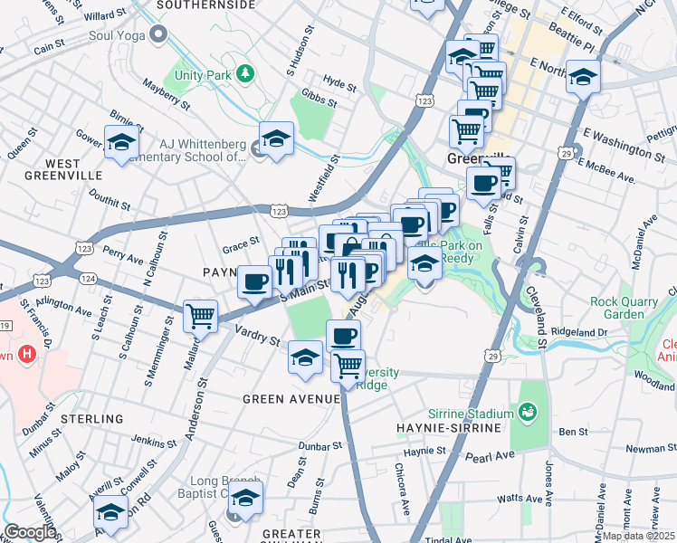 map of restaurants, bars, coffee shops, grocery stores, and more near 126 Augusta Street in Greenville