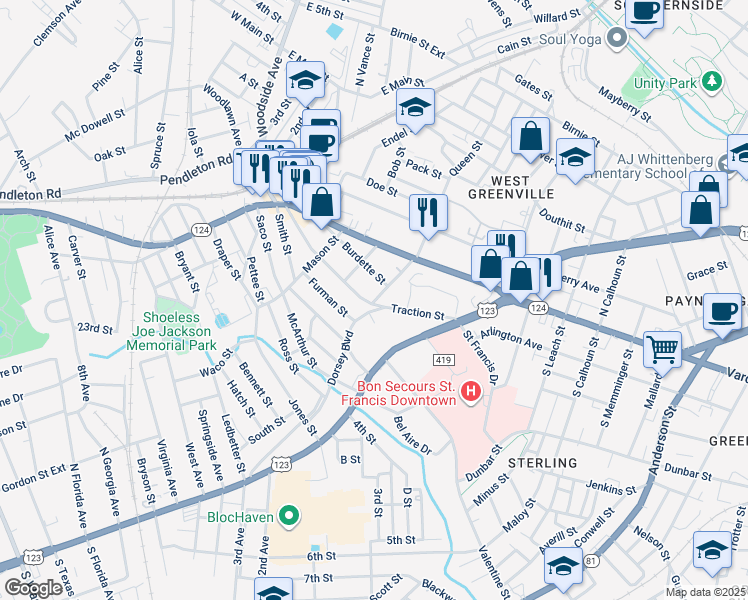 map of restaurants, bars, coffee shops, grocery stores, and more near 35 Traction Street in Greenville