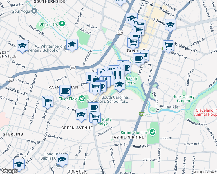 map of restaurants, bars, coffee shops, grocery stores, and more near 55 University Street in Greenville