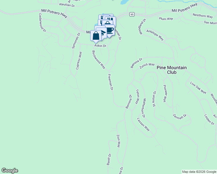 map of restaurants, bars, coffee shops, grocery stores, and more near 2015 Freeman Drive in Pine Mountain Club