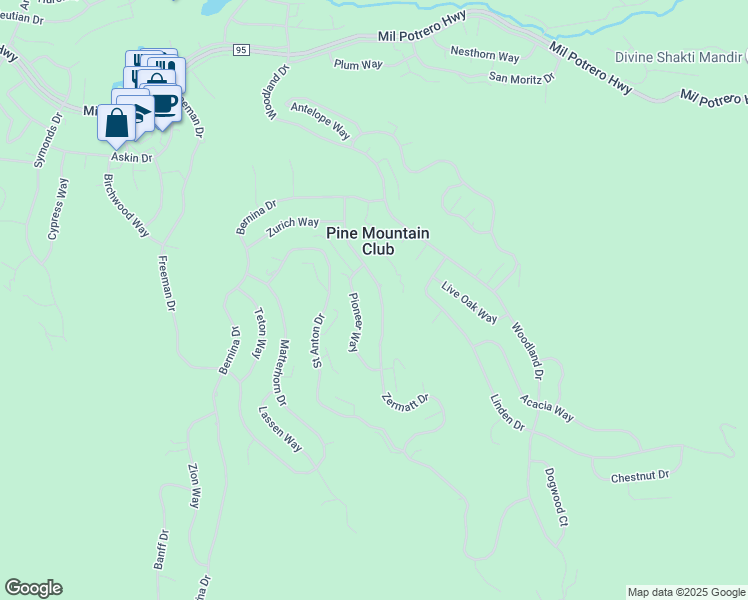 map of restaurants, bars, coffee shops, grocery stores, and more near 2017 Zermatt Drive in Pine Mountain Club