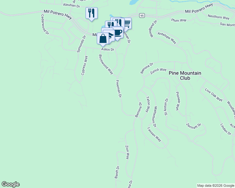 map of restaurants, bars, coffee shops, grocery stores, and more near 2015 Freeman Drive in Pine Mountain Club