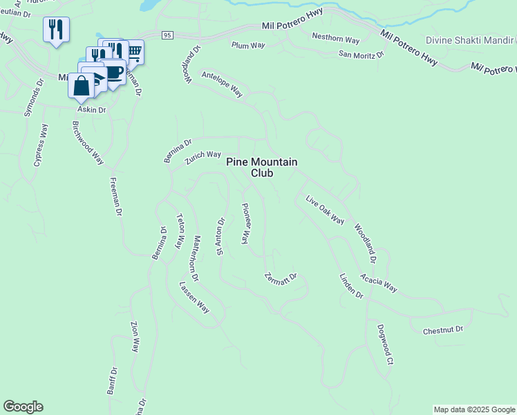 map of restaurants, bars, coffee shops, grocery stores, and more near 2017 Zermatt Drive in Pine Mountain Club