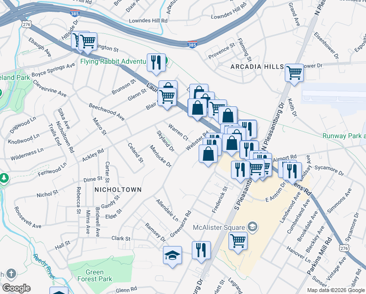 map of restaurants, bars, coffee shops, grocery stores, and more near 201 Webster Road in Greenville
