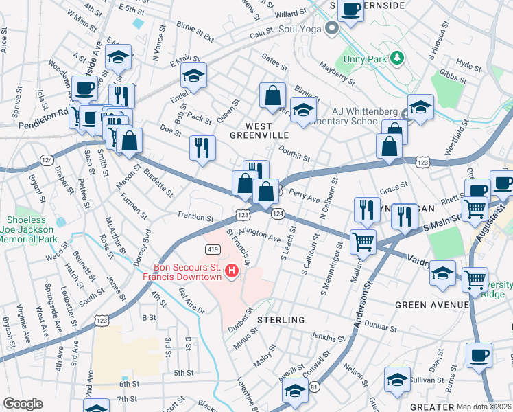 map of restaurants, bars, coffee shops, grocery stores, and more near 0 Easley Bridge Road in Greenville