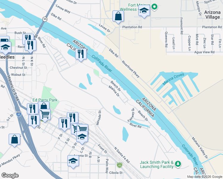 map of restaurants, bars, coffee shops, grocery stores, and more near 1171 Marina Drive in Needles