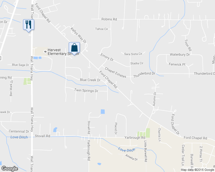map of restaurants, bars, coffee shops, grocery stores, and more near 289 Blue Creek Drive in Harvest