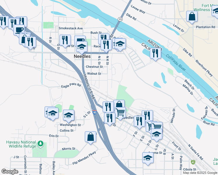 map of restaurants, bars, coffee shops, grocery stores, and more near 129 North K Street in Needles