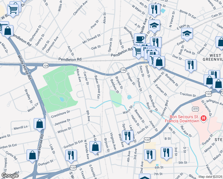 map of restaurants, bars, coffee shops, grocery stores, and more near 21 Bryant Street in Greenville