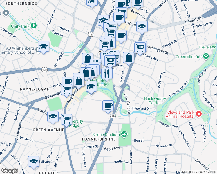 map of restaurants, bars, coffee shops, grocery stores, and more near 515 Falls Street in Greenville
