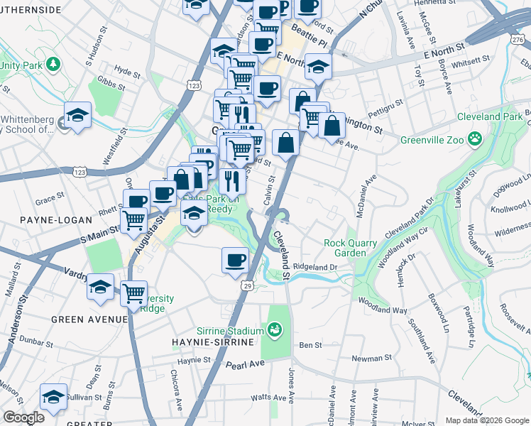 map of restaurants, bars, coffee shops, grocery stores, and more near 301-389 Calvin St in Greenville