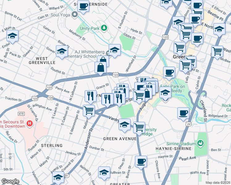 map of restaurants, bars, coffee shops, grocery stores, and more near 110 North Markley Street in Greenville