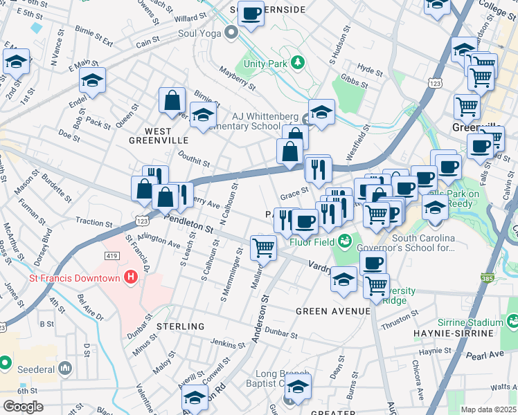 map of restaurants, bars, coffee shops, grocery stores, and more near 118 Ware Street in Greenville