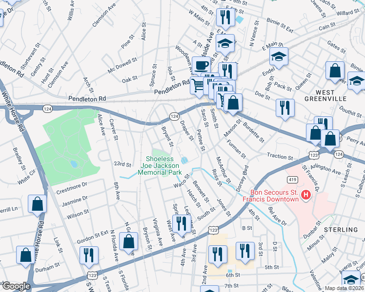 map of restaurants, bars, coffee shops, grocery stores, and more near 25 Sturtevant Street in Greenville