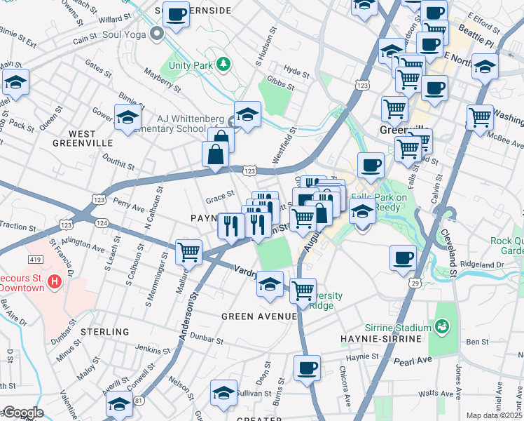 map of restaurants, bars, coffee shops, grocery stores, and more near 15 Ferguson Street in Greenville