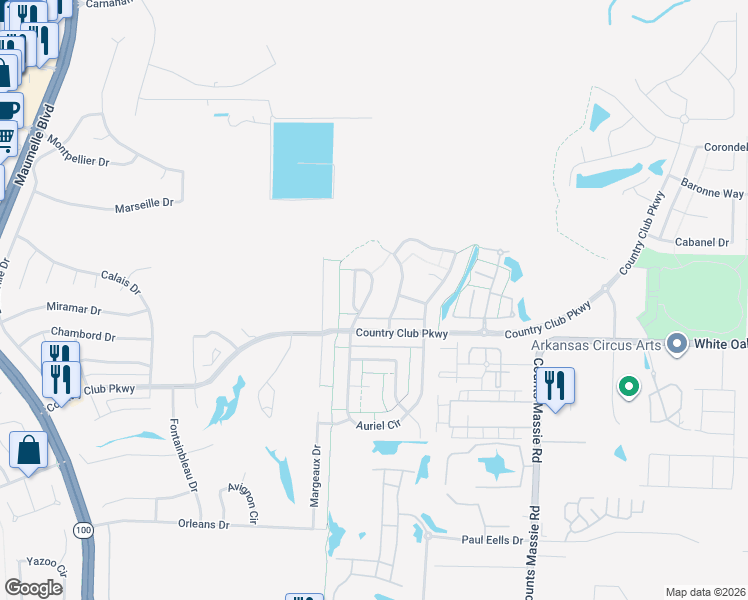 map of restaurants, bars, coffee shops, grocery stores, and more near 110 Bouriese Circle in Maumelle