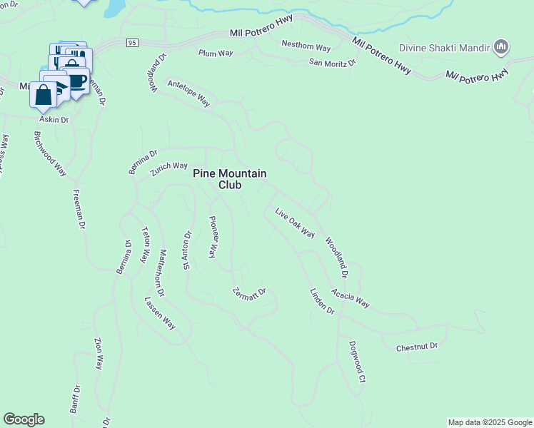 map of restaurants, bars, coffee shops, grocery stores, and more near 2049 Linden Drive in Frazier Park