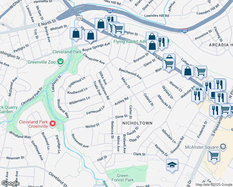 map of restaurants, bars, coffee shops, grocery stores, and more near 16 Lark Street in Greenville