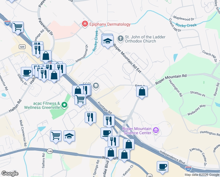 map of restaurants, bars, coffee shops, grocery stores, and more near 1053 Keys Drive in Greenville