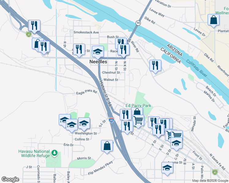 map of restaurants, bars, coffee shops, grocery stores, and more near in Needles