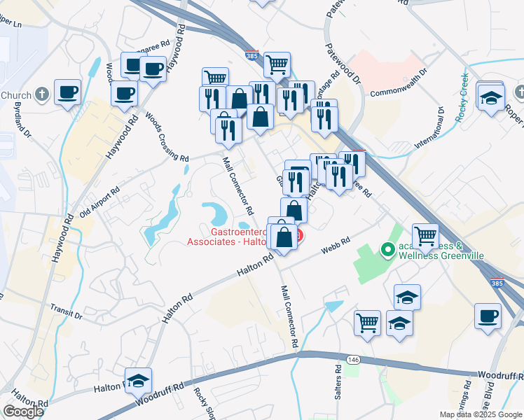 map of restaurants, bars, coffee shops, grocery stores, and more near 75 Mall Connector Road in Greenville