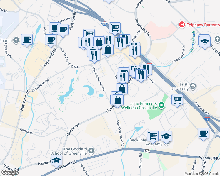 map of restaurants, bars, coffee shops, grocery stores, and more near 75 Mall Connector Road in Greenville