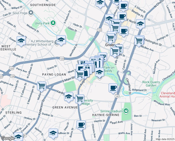 map of restaurants, bars, coffee shops, grocery stores, and more near 235 Rhett Street in Greenville