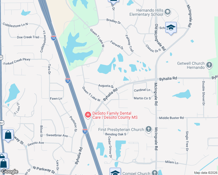 map of restaurants, bars, coffee shops, grocery stores, and more near 615 Augusta Drive in Hernando