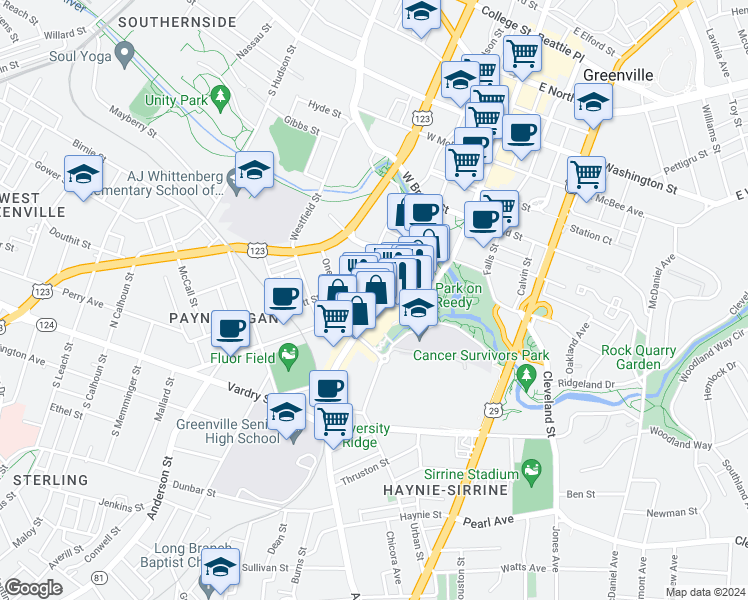 map of restaurants, bars, coffee shops, grocery stores, and more near 24 River Street in Greenville