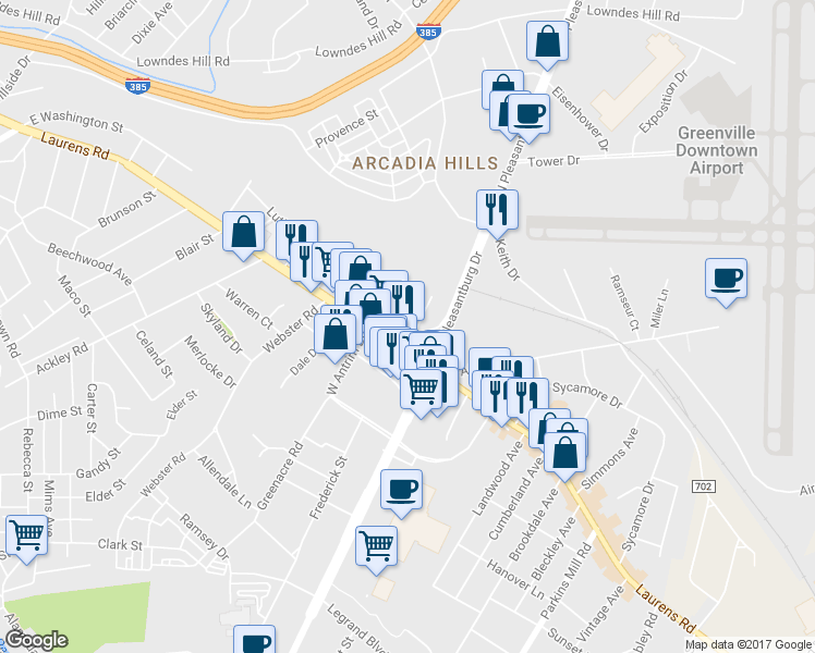 map of restaurants, bars, coffee shops, grocery stores, and more near 210 Eastlan Drive in Greenville