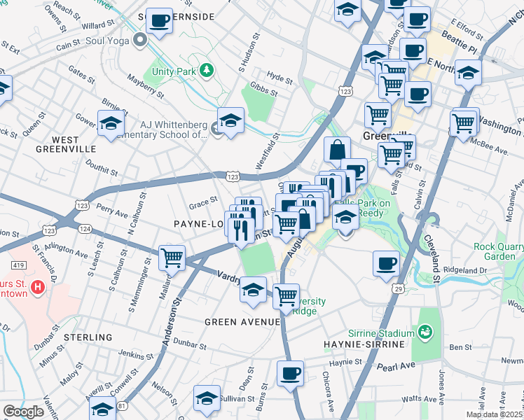 map of restaurants, bars, coffee shops, grocery stores, and more near 322 Rhett Street in Greenville