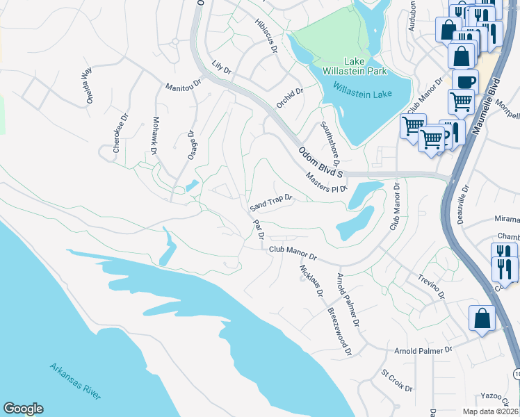 map of restaurants, bars, coffee shops, grocery stores, and more near 7 Sand Trap Drive in Maumelle