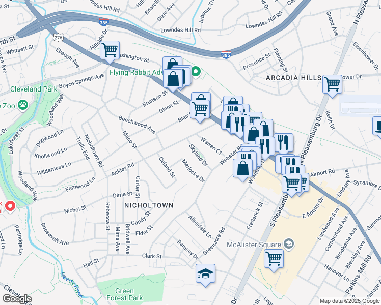 map of restaurants, bars, coffee shops, grocery stores, and more near 19 Skyland Drive in Greenville