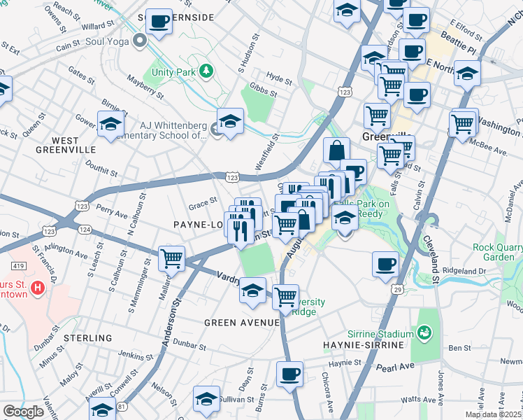 map of restaurants, bars, coffee shops, grocery stores, and more near 322 Rhett Street in Greenville