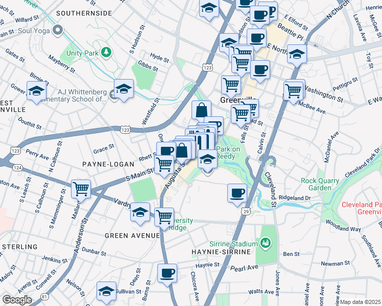 map of restaurants, bars, coffee shops, grocery stores, and more near 24 River Street in Greenville