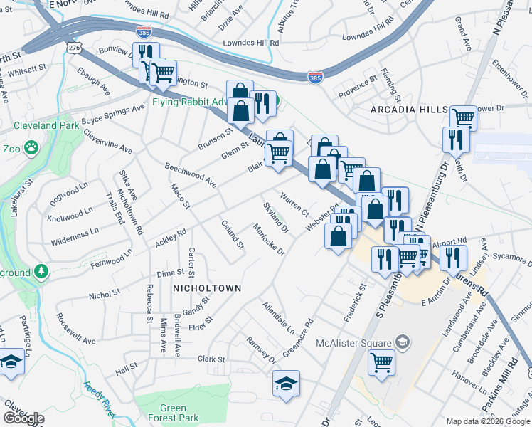map of restaurants, bars, coffee shops, grocery stores, and more near 19 Skyland Drive in Greenville