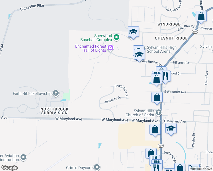 map of restaurants, bars, coffee shops, grocery stores, and more near 3055 Shady Side Drive in Sherwood