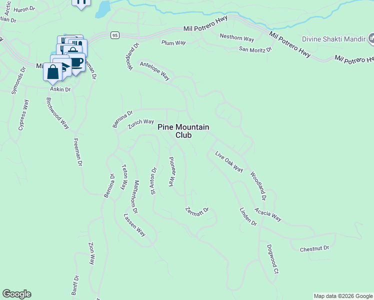 map of restaurants, bars, coffee shops, grocery stores, and more near 2036 Zermatt Drive in Frazier Park