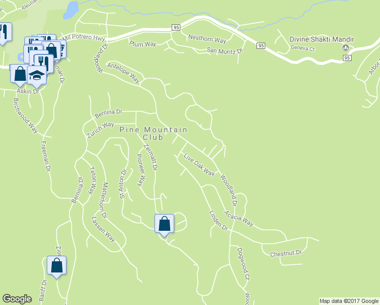 map of restaurants, bars, coffee shops, grocery stores, and more near 15513 Live Oak Way in Frazier Park