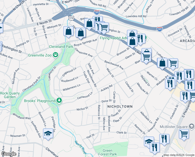 map of restaurants, bars, coffee shops, grocery stores, and more near 16 Lark Street in Greenville
