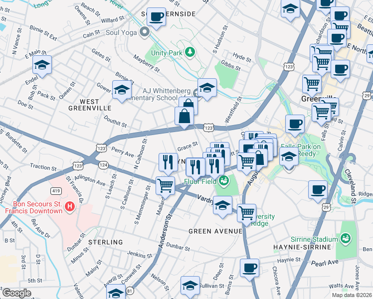 map of restaurants, bars, coffee shops, grocery stores, and more near 19 Watson Avenue in Greenville