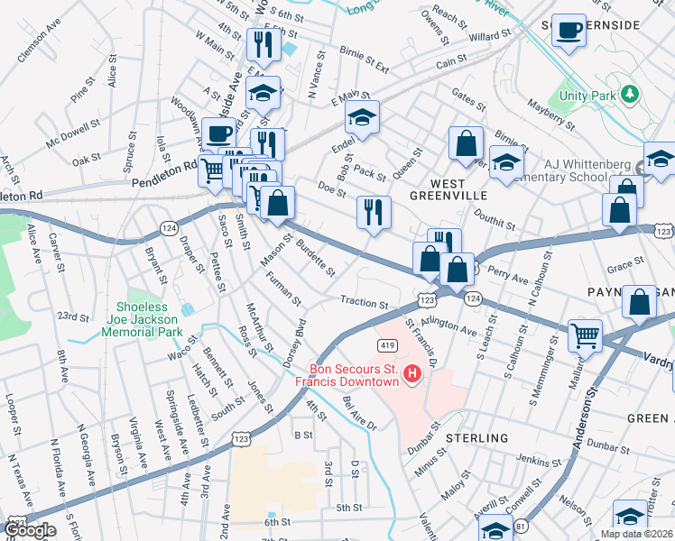 map of restaurants, bars, coffee shops, grocery stores, and more near 8 South Textile Avenue in Greenville