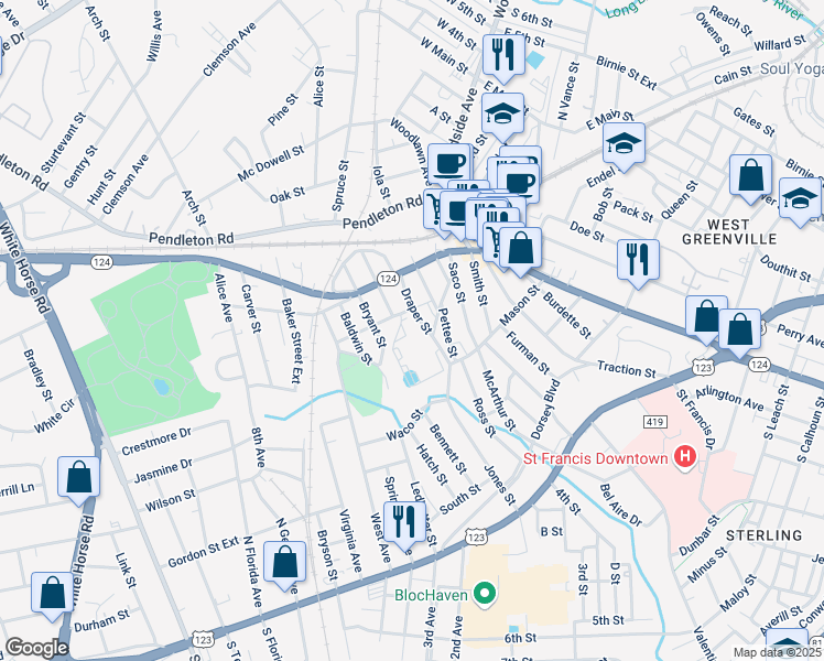 map of restaurants, bars, coffee shops, grocery stores, and more near 25 Sturtevant Street in Greenville