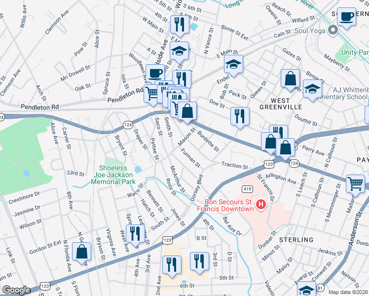 map of restaurants, bars, coffee shops, grocery stores, and more near 2 Furman Street in Greenville