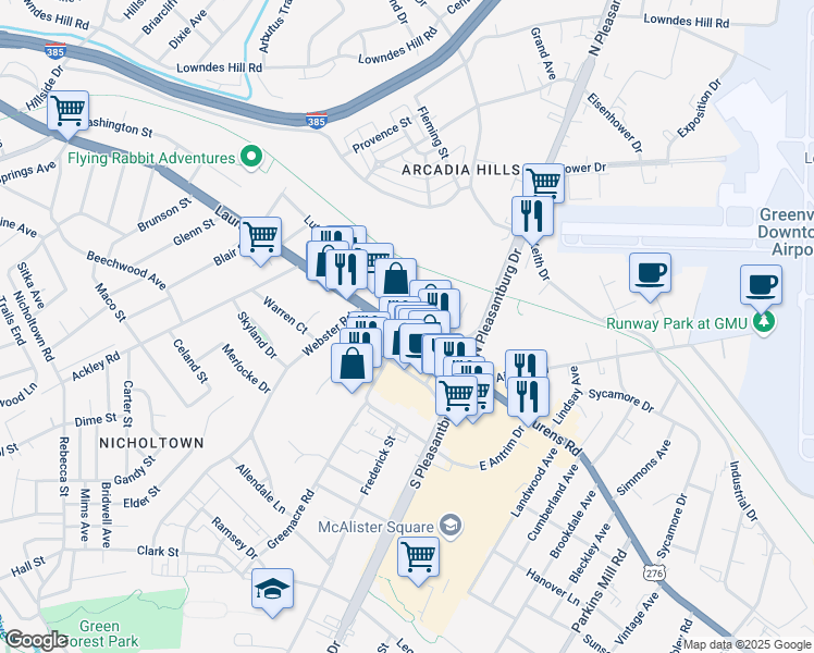 map of restaurants, bars, coffee shops, grocery stores, and more near 1411 Laurens Road in Greenville