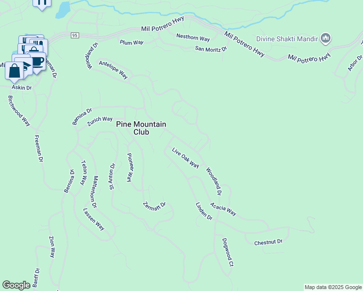 map of restaurants, bars, coffee shops, grocery stores, and more near 2057 Woodland Drive in Frazier Park