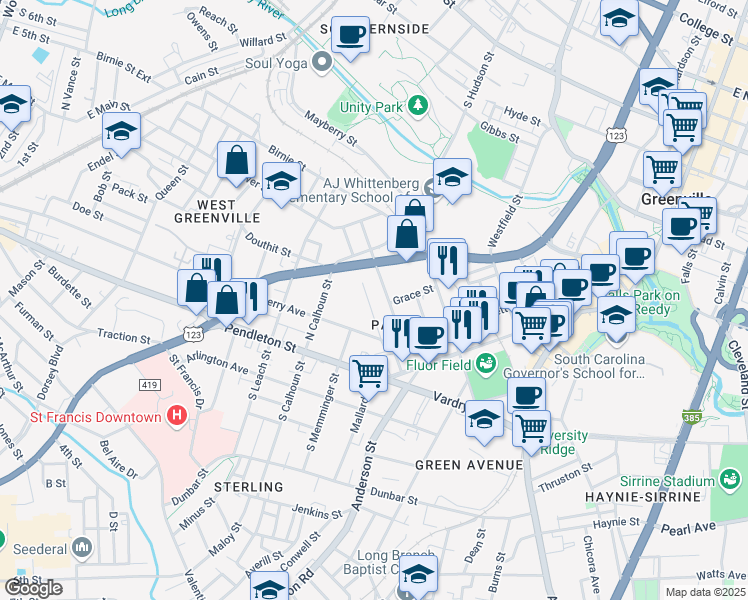 map of restaurants, bars, coffee shops, grocery stores, and more near 118 Ware St in Greenville