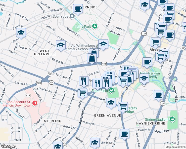 map of restaurants, bars, coffee shops, grocery stores, and more near 19 Watson Avenue in Greenville