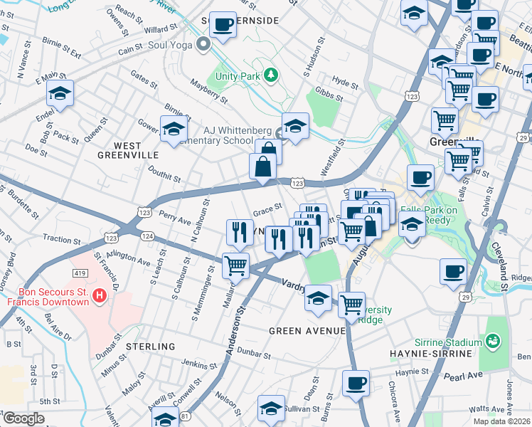 map of restaurants, bars, coffee shops, grocery stores, and more near 19 Watson Avenue in Greenville